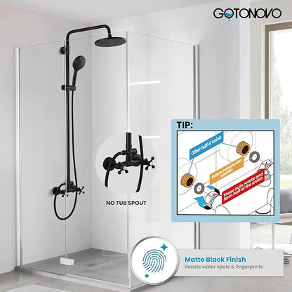 gotonovo Exposed Shower Faucet System 8 Inch Rainfall Shower Head with 8 Function ABS Handheld and Double Cross Handle Wall Mounted Bathroom Luxury Mixer Shower Horizontal Faucet Body Matte Black
