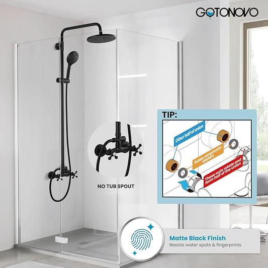 gotonovo Exposed Shower Faucet System 8 Inch Rainfall Shower Head with 8 Function ABS Handheld and Double Cross Handle Wall Mounted Bathroom Luxury Mixer Shower Horizontal Faucet Body Matte Black