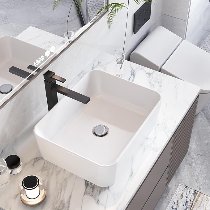 GAOMON Vessel Sink Rectangular, 19"x15" Bathroom Sink White Ceramic Lavatory Vanity Above Counter Vessel Sink Art Basin - white