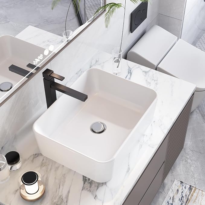 Vessel Sink 18.70x14.76 Inch, Square Ceramic Bathroom Vessel Sink, Drop-In Above Counter Vanity Sink for Bathroom, White Wash Basin Bowl
