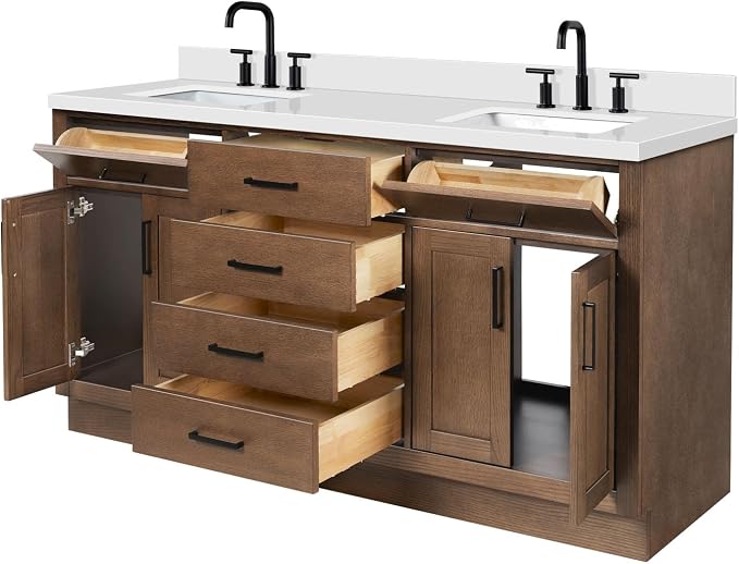Isabella 66-Inch Brown Oak Double Bathroom Vanity with Sink, 1.5-Inch Edge Pure White Quartz Countertop & 4" Backsplash, Soft-Closing Doors & Drawers, Solid Oak Wood Construction