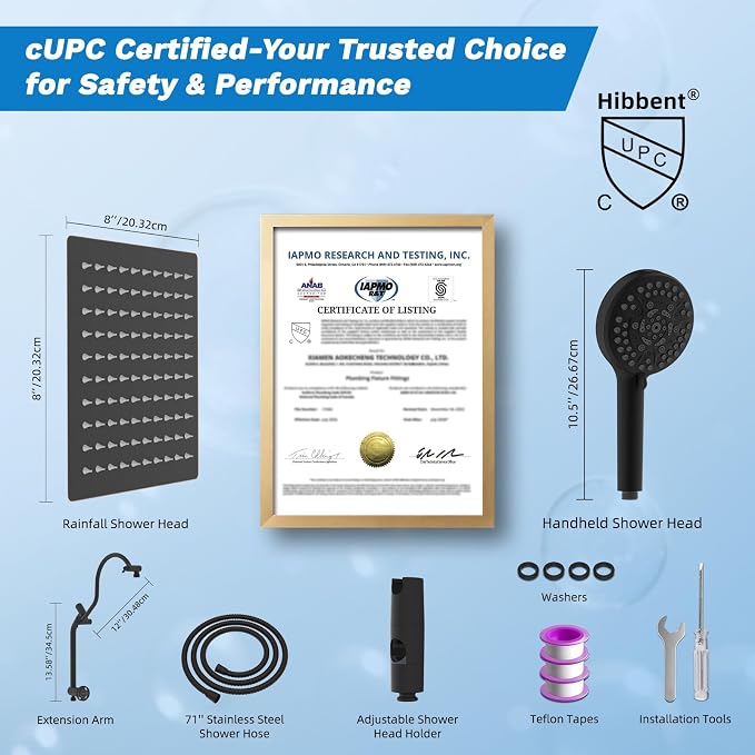 Hibbent High Pressue All Metal 8" Rainfall Shower Head, Handheld 10-Spray | cUPC Certified Oil-Rubbed Bronze Dual Showerhead Combo, 4-way Diverter with Pause Mode, Extension Arm, 71'' Hose & Holder