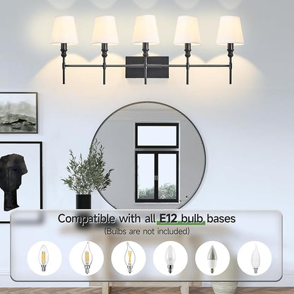 5-Light Vanity Lights for Bathroom,41 in Vintage Black Bathroom Vanity Light Fixtures,with Flared White Fabric Lampshade for Bedroom,Living Room,Foyer,Hardwired,E12 Base
