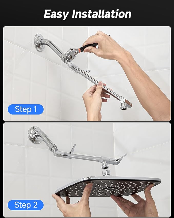 Veken 11.8" Rainfall Shower Head, 11" Stainless Steel Exension Arm | Rectangular Rainfall Showerhead,Height & Angle Decor Adjustable, High Pressure, Bathroom Accessories, Chrome