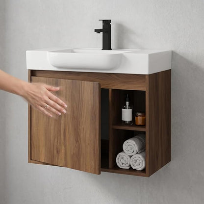 28" Bathroom Vanity with Sink, Wall-Mounted Cabinet, Brown Ebony | Ceramic Sink, Soft-Close Door & 2 Open Storage Shelves, Modern Farmhouse Sink Cabinet, Easy to Clean for Small Bathroom