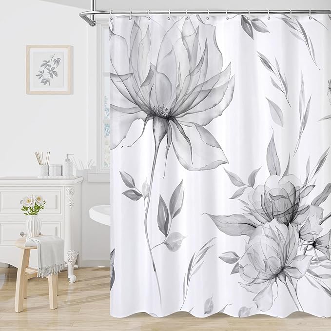 Grey Boho Floral Shower Curtain, Watercolor Botanical Design, 72 x 72 | Boho Floral Design, Watercolor Ink Painting Style, Botanical Flowers & Leaves, Elegant Bathroom Accent, Fabric Cloth Curtain