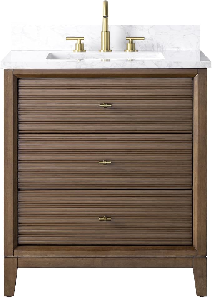 Vanity Art 30" Bathroom Vanity with Single Sink & Arabescato White Engineered Stone Top, Vanity Cabinet with Soft Closing Door, Solid Wood Frame, Golden Brushed Handles, Walnut VA8130-Walnut-GB
