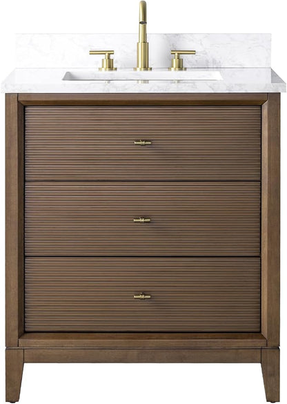 Vanity Art 30" Bathroom Vanity with Single Sink & Arabescato White Engineered Stone Top, Vanity Cabinet with Soft Closing Door, Solid Wood Frame, Golden Brushed Handles, Walnut VA8130-Walnut-GB