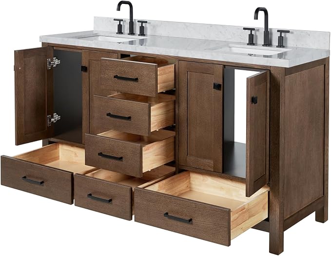 ARIEL Cambridge 60-inch Bathroom Vanity with Sink,Solid Wood, 1.5-inch Italian Carrara Marble Countertop, Double Rectangular Porcelain Sink, 4 Soft Closing Doors, 6 Dovetail Drawers, Brown Oak