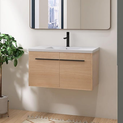 36" Floating Bathroom Vanity,36 Inch Bathroom Vanity with Sink,Single Sink Wall Mounted Vanity Combo,Brown Wall Mounted Cabinet Set