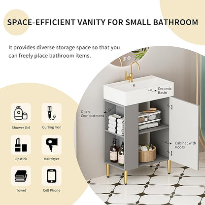 22" Small Bathroom Vanity with Sink, Morden Bathroom Vanities with Soft-Close Door and Open Shelf, Freestanding Narrow Vanity for Compact Space-Saving Bathrooms (Gray,22" Freestanding Left Shelf)