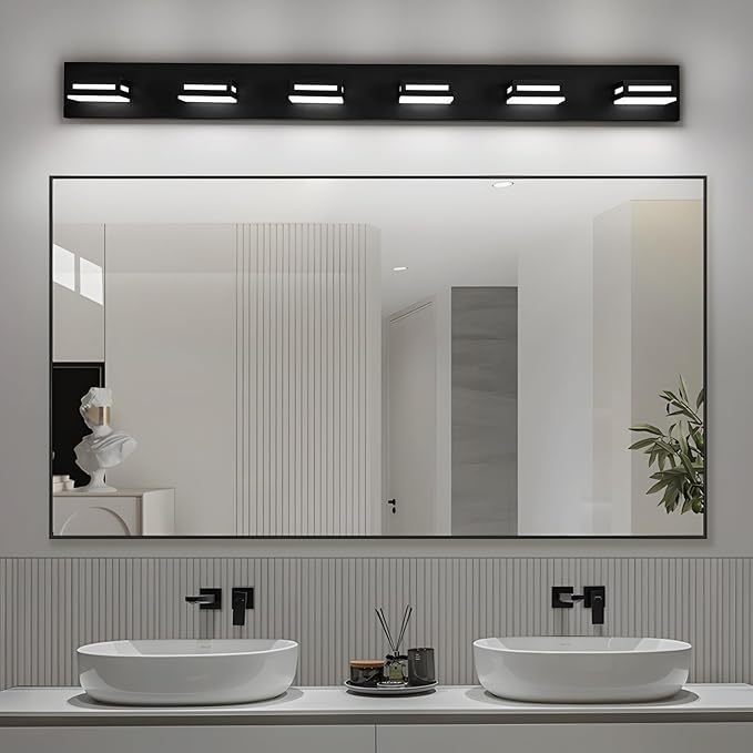 LED Modern Bathroom Light Fixtures, 6-Light 48-Inch Matte Black Vanity Lights for Bathroom Lighting Fixtures Over Mirror, 350° Rotatable Acrylic, 6000K Cool White Wall Lamp