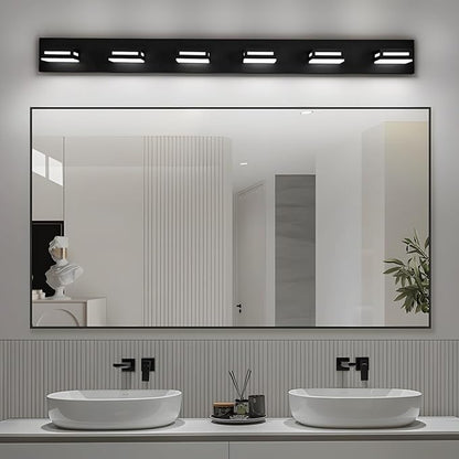 LED Modern Bathroom Light Fixtures, 6-Light 48-Inch Matte Black Vanity Lights for Bathroom Lighting Fixtures Over Mirror, 350° Rotatable Acrylic, 6000K Cool White Wall Lamp