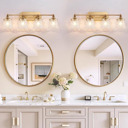 Vintage 4-Light Gold Bathroom Vanity Light, Crystal Glass Shade | Antique Style, Brushed Gold Finish, Rust-resistant Metal, E26 Base, Over Mirror Wall Lighting for Bathroom Restroom