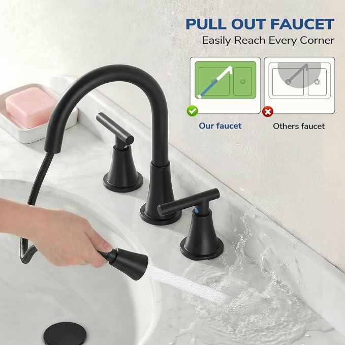 8 Inch Pull Out Sprayer Bathroom Faucet 3 Hole, Widespread 2 Handle Sink Faucet with Pop Up Drain and Supply Lines, Stainless Steel for Vanity, RV, Matte Black