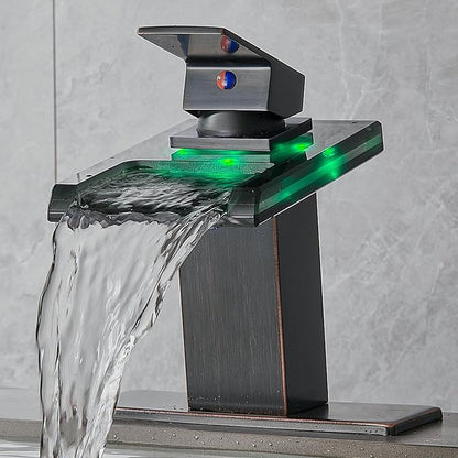 LED Bathroom Sink Faucet, Oil Rubbed Bronze Waterfall Single Hole Handle Vanity Faucets for Sinks 1 Hole with Metal Pop Up Drain and 2 Water Supply Lines, Open Glass Spout