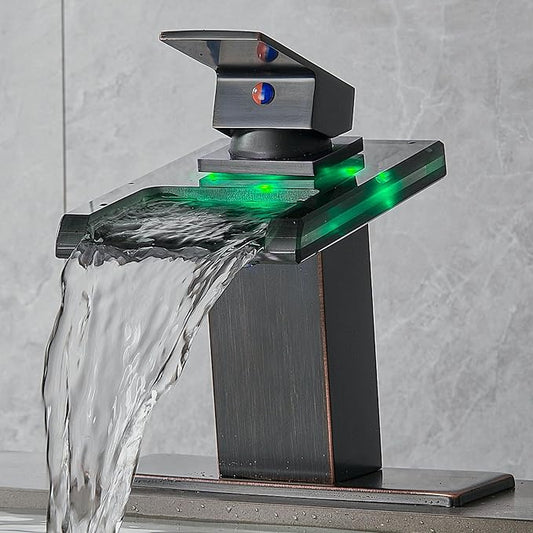 LED Bathroom Sink Faucet, Oil Rubbed Bronze Waterfall Single Hole Handle Vanity Faucets for Sinks 1 Hole with Metal Pop Up Drain and 2 Water Supply Lines, Open Glass Spout