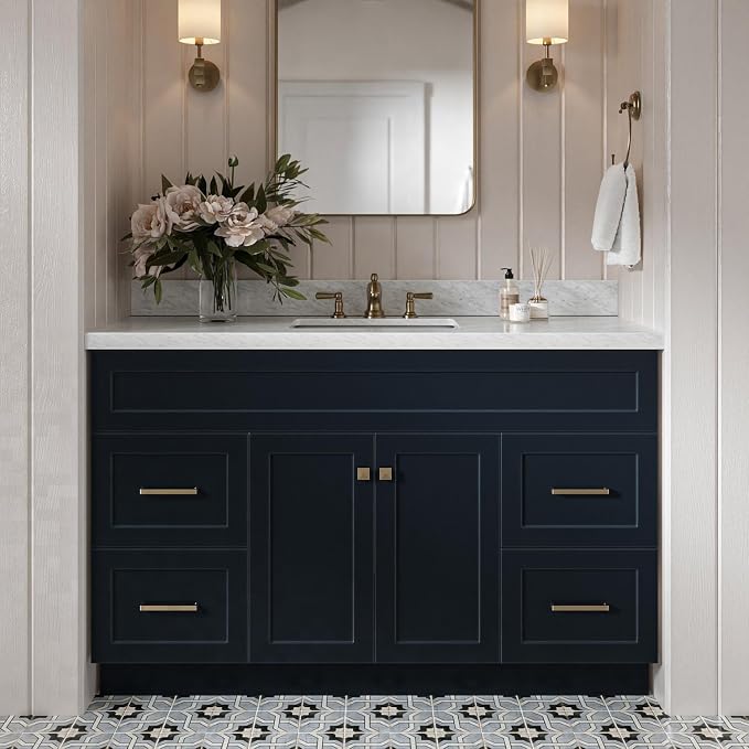 DKB Bradford 54" Midnight Blue Bathroom Vanity with Sink, 1.5" Italian Carrara Marble Countertop, Rectangular Undermount Sink, Solid Wood Frame, 2 Soft-Closing Doors, 4 Dovetail Drawers