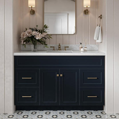 DKB Bradford 54" Midnight Blue Bathroom Vanity with Sink, 1.5" Italian Carrara Marble Countertop, Rectangular Undermount Sink, Solid Wood Frame, 2 Soft-Closing Doors, 4 Dovetail Drawers