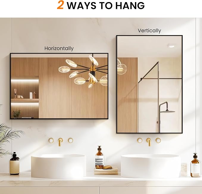 Bathroom Vanity Mirror for Wall, 24"x36" Bathroom Mirror for Over Sink | HD Shatterproof Glass, Rectangular Metal Frame, Horizontally or Vertically, Mirror for Bathroom, Living Room, Entryway(Black)