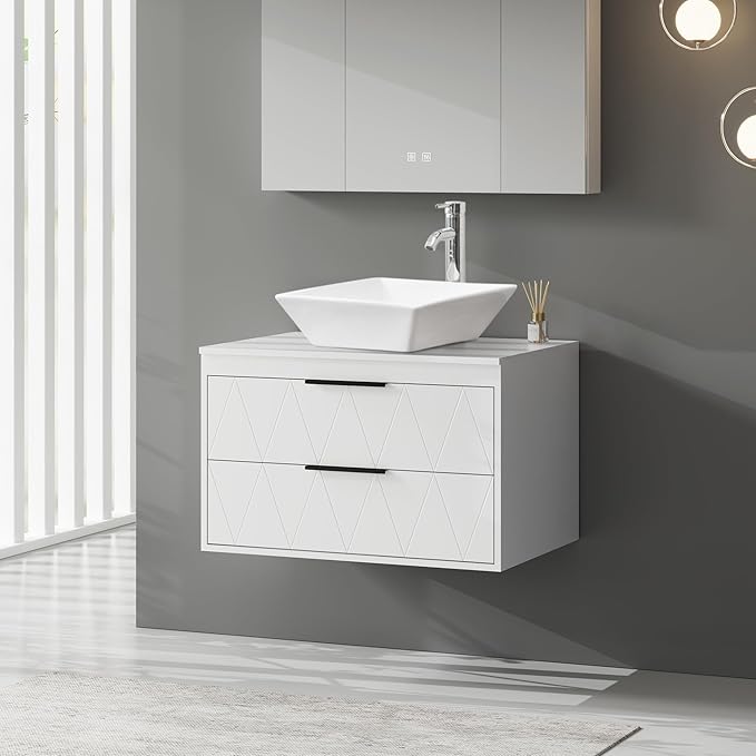 eclife 30" Floating Bathroom Vanities with Sink Combo, Wall Mounted Modern Cabinet W/Diamond Line Pattern Design, White Square Ceramic Vessel Sink W/Water Save Faucet & Pop Up Drain, White