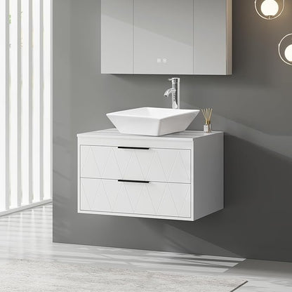eclife 30" Floating Bathroom Vanities with Sink Combo, Wall Mounted Modern Cabinet W/Diamond Line Pattern Design, White Square Ceramic Vessel Sink W/Water Save Faucet & Pop Up Drain, White