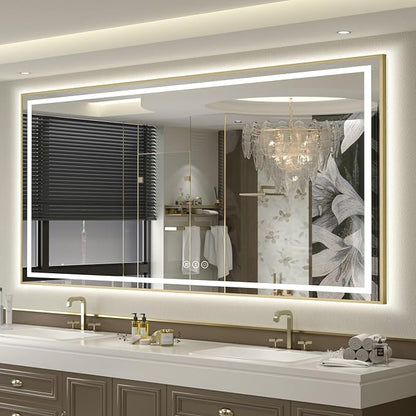 OKPAL 72x40 LED Bathroom Mirror Gold Metal Framed Front & Back Light, Lighted Bathroom Mirror with Lights, Anti-Fog, Dimmable, 3 Colors, Shatterproof, ETL Listed, Horizontal/Vertical