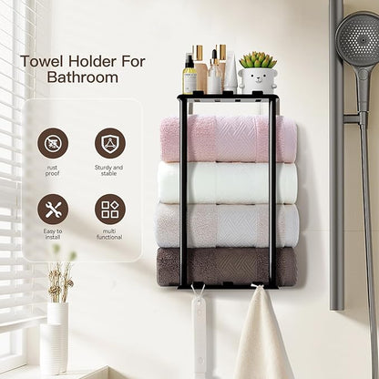 Towel Racks for Bathroom Towel Holder with Shelf & 6 Hooks Wall Mounted Towel Storage Rack for Rolled Towels Organizer, Sturdy Metal Towel Shelf, Black