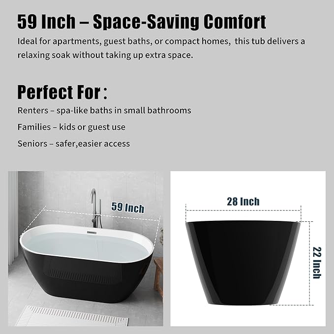 Freestanding Bathtub 59 inch, Acrylic Freestanding Bathtub 59 inch with Overflow and Extendable Drain, Acrylic Stand Alone Tub, Modern Free Standing Tub for Bathroom