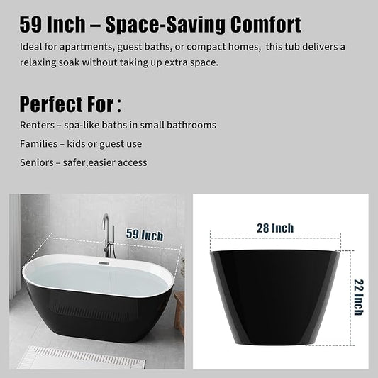 Freestanding Bathtub 59 inch, Acrylic Freestanding Bathtub 59 inch with Overflow and Extendable Drain, Acrylic Stand Alone Tub, Modern Free Standing Tub for Bathroom