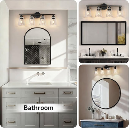 TALOYA 27 Inch Brushed Black Bathroom Light Fixtures with Thickend Clear Tapered Glass Shade, 4-Light Modern Vanity Light Over Mirror for Bathrooms, Bedrooms (Bulbs Not Included)