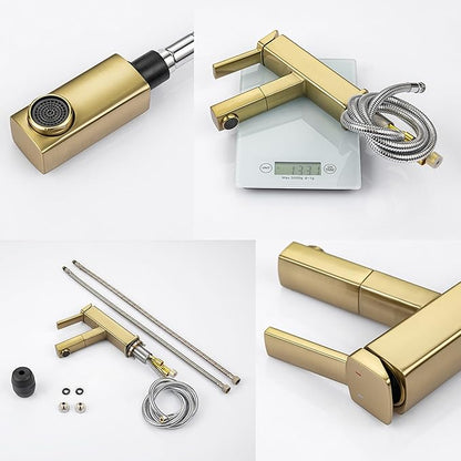 KAIYING Bathroom Sink Faucet with Pull Out Sprayer, Single Handle Basin Mixer Tap for Hot and Cold Water, Lavatory Pull Down Sink Faucet with Rotating Spout (Regular,Brushed Champagne Gold)