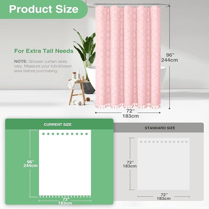 Extra Long Boho Shower Curtain Tufted Geometric 72"x96" Pink | 96 Inch Tall, Elegant Tassel, Lightweight Textured Fabric, Water Repellent, Washable, Hotel Spa, for Bathroom/Dorm 12 Hooks