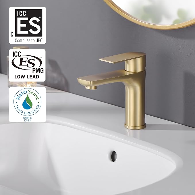 SUMERAIN Bathroom Sink Faucet Lead-Free 304 Stainless Steel Single Hole Single Handle Vanity Faucet, Brushed Gold | Lead-Free, Unique Flow Pattern, Water-saving, with Faucet Supply Lines, Easy DIY Install