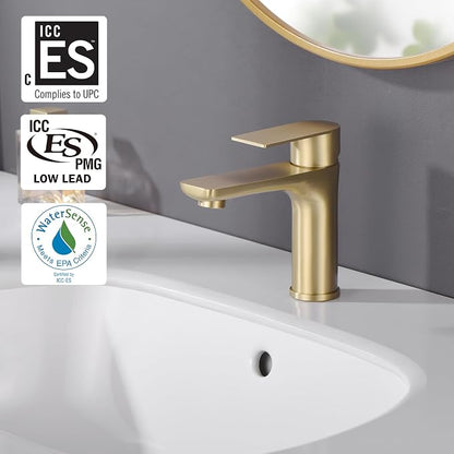 SUMERAIN Bathroom Sink Faucet Lead-Free 304 Stainless Steel Single Hole Single Handle Vanity Faucet, Brushed Gold | Lead-Free, Unique Flow Pattern, Water-saving, with Faucet Supply Lines, Easy DIY Install