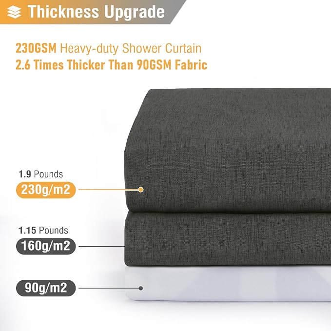 Long Linen Textured Waterproof Shower Curtain Set, 72x84, Grey/Gray | Tall Size, 230GSM Polyester, Heavy Duty Cloth, Weighted Hem, 12 Plastic Hooks, Modern Luxury Hotel Style, Machine Washable