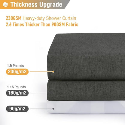 Long Linen Textured Waterproof Shower Curtain Set, 72x84, Grey/Gray | Tall Size, 230GSM Polyester, Heavy Duty Cloth, Weighted Hem, 12 Plastic Hooks, Modern Luxury Hotel Style, Machine Washable