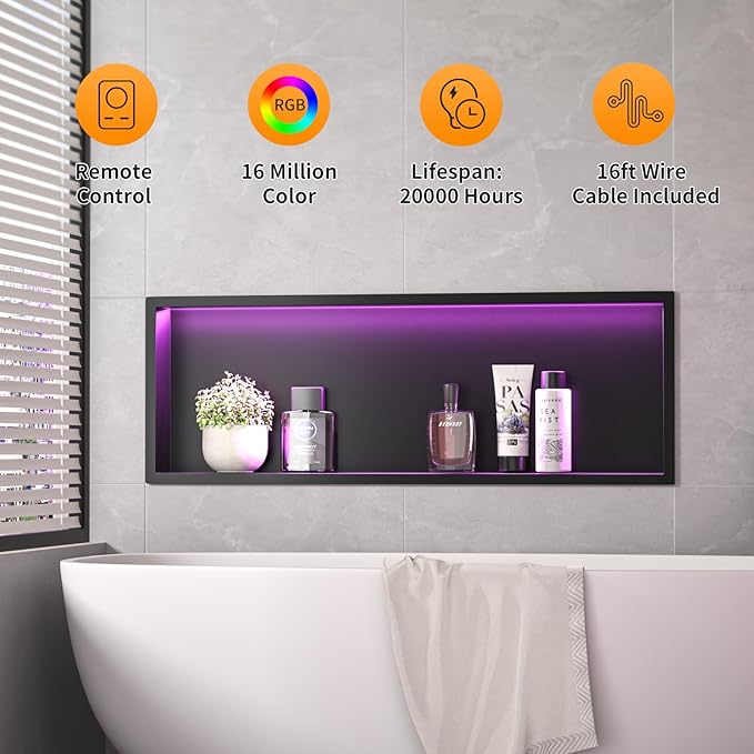 Stainless Led Shower Niche 36"x12" Black RGB Light No Tile Needed | 304 stainless steel shower niche,recessed niche shower,Led driver & remote control included,dimmable,bathroom shower storage