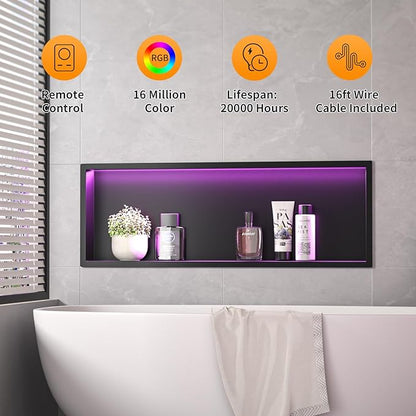 Stainless Led Shower Niche 36"x12" Black RGB Light No Tile Needed | 304 stainless steel shower niche,recessed niche shower,Led driver & remote control included,dimmable,bathroom shower storage