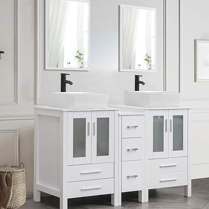 UEV 60" Double Sink Bathroom Vanity,White Bathroom Vanity with Double Side Vanity Cabinets & Removable 3 Drawer Storage Cabinet with Modern Vessel Sink Combo,Mirror Not Included(031WH)