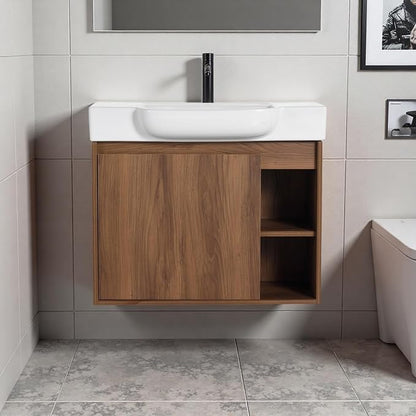 28" Bathroom Vanity with Ceramic Sink, Farmhouse Cabinet, Brown | Small Wall - Mounted Vanity, Soft Close Door, Bottom Storage Space, Two Open Storage Shelves, 45° Inclined Edge Handle