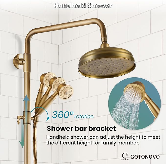 gotonovo Exposed Shower System Wall Mount,Antique Brass,Metal Handheld | 8” Rain Shower Head Faucet Set Fixtures,2 Function,Two Cross Handle,Height Adjustable,for 5-6.7" Hole,Indoor Victorian Retro