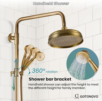 gotonovo Exposed Shower System Wall Mount,Antique Brass,Metal Handheld | 8” Rain Shower Head Faucet Set Fixtures,2 Function,Two Cross Handle,Height Adjustable,for 5-6.7" Hole,Indoor Victorian Retro