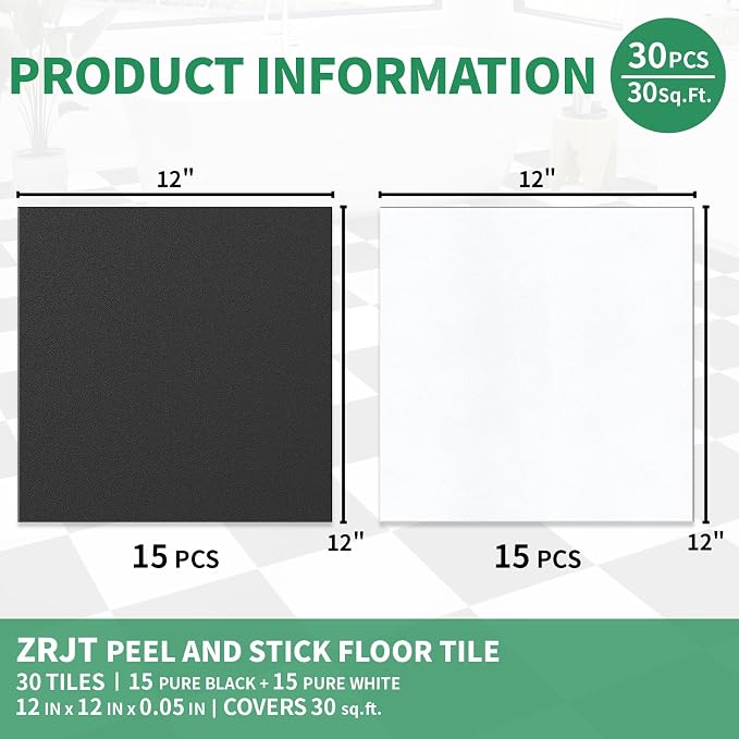 30-Pack 30 Sq.Ft Peel and Stick Floor Tiles Vinyl Matte Pattern Flooring, 12” x 12” Self Adhesive Vinyl Flooring DIY for Kitchen, Bathroom, Laundry, Pure Black&Pure White