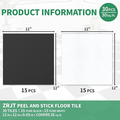 30-Pack 30 Sq.Ft Peel and Stick Floor Tiles Vinyl Matte Pattern Flooring, 12” x 12” Self Adhesive Vinyl Flooring DIY for Kitchen, Bathroom, Laundry, Pure Black&Pure White