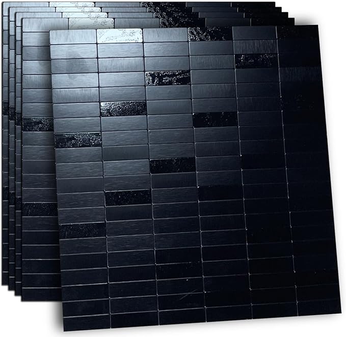 XUANINY Peel and Stick Tile Backsplash Self- Adhesive Wall Tiles Aluminum Mosaic Sticker for Kitchen (11.33"x11.92" Per Sheet, Pack of 5 pcs) (Black Brushed 5) | Self-Adhesive, Easy to Install, Aluminum Mosaic Sticker, For Kitchen, 11.33"x11.92" Per Sheet