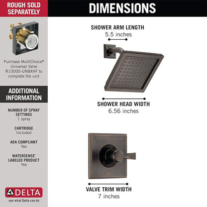 Delta Faucet Dryden 14 Series Single-Function Shower Trim Kit with Single-Spray Touch-Clean Shower Head, Venetian Bronze, 2.0 GPM Water Flow, T14251-RB-WE (Valve Not Included)