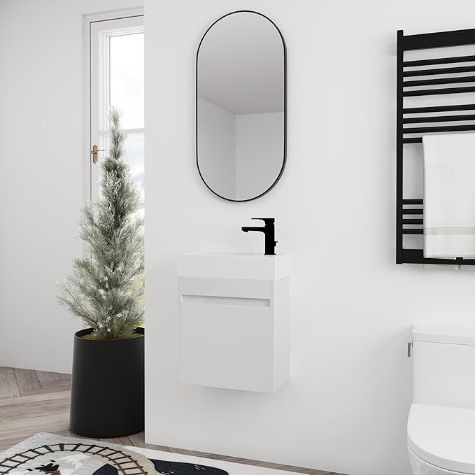 18 Inch Bathroom Vanity with Sink,Wall Mounted Bathroom Vanity Sink Combo with Soft Close Door for Small Space,Modern Floating Bathroom Vanity with Top Basin & Storage Cabinet,White