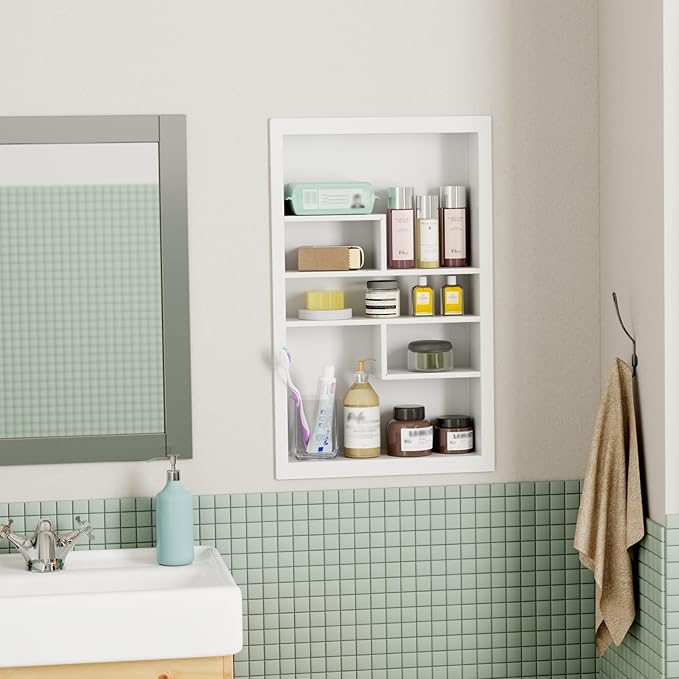14x24 Medicine Cabinet Recessed Stainless Steel, with 5 Compartments Medicine Cabinet Organizer, Stainless Steel Wall Niche, Bathroom Wall Cabinet, Recessed Bathroom Cabinet, White