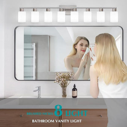 8-Light Bathroom Vanity Light Brushed Nickel Bathroom Light Fixtures 8 Light Vanity Lights for Wide Mirrors Nickel 8-Light Long Wall Sconce with Milky White Frosted Glass Shades for Bath Living Room